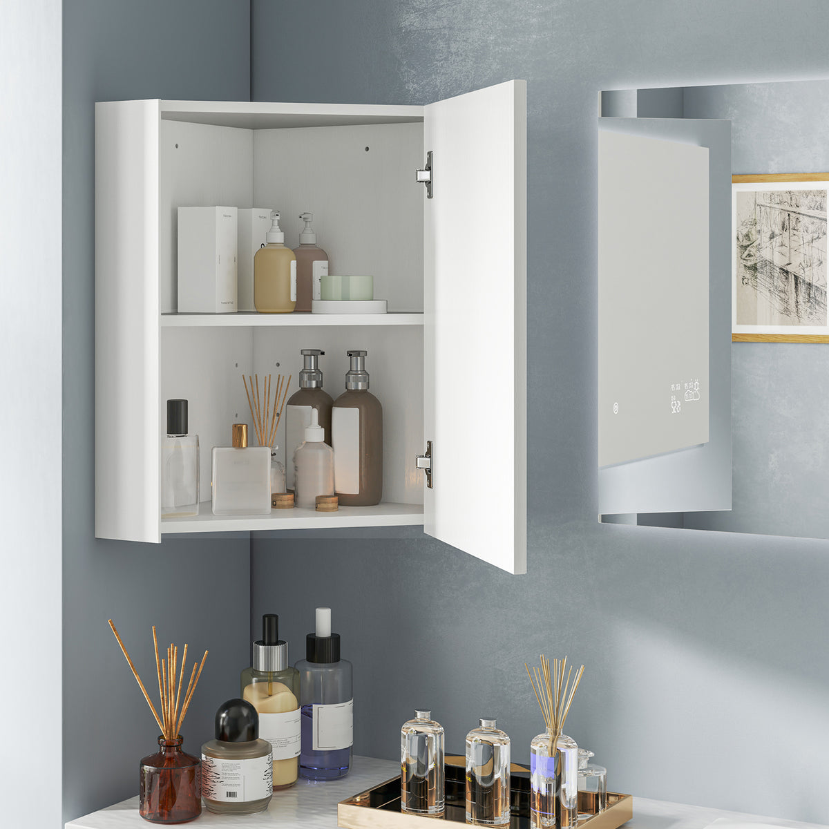 Corner Medicine Cabinet with Mirror and Adjustable Shelf - White-Wall Cabinets-DECOROLALA