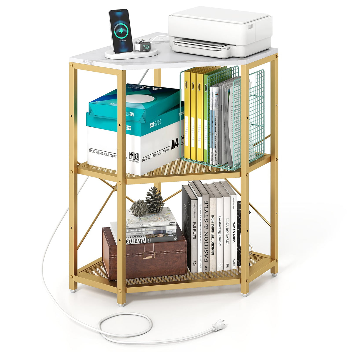Corner Printer Stand with Power Outlet 3-Tier Storage Rack with Adjustable Shelf-White-Laptop Tables & Printer Stands-DECOROLALA