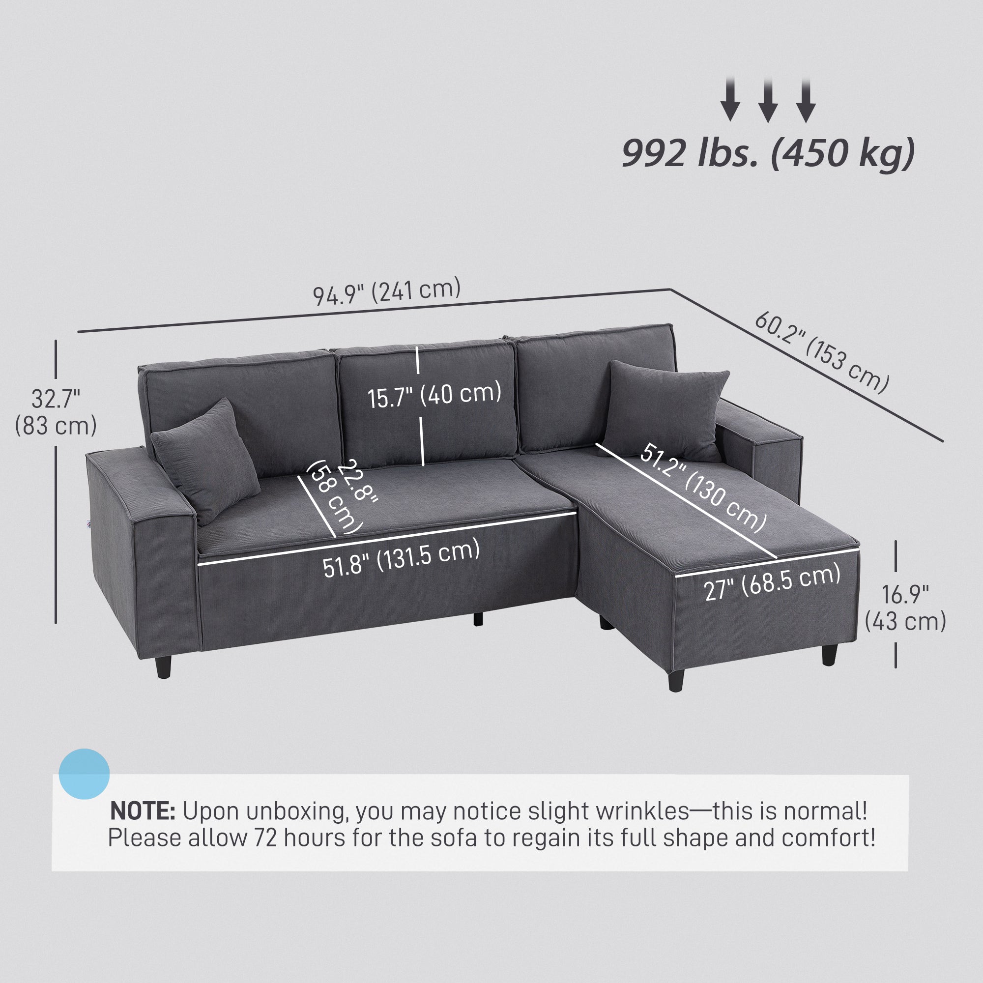 Corner Sofa L-Shaped Chaise, Corduroy Sectional, Charcoal Grey, 2 Pillows-DECOROLALA
