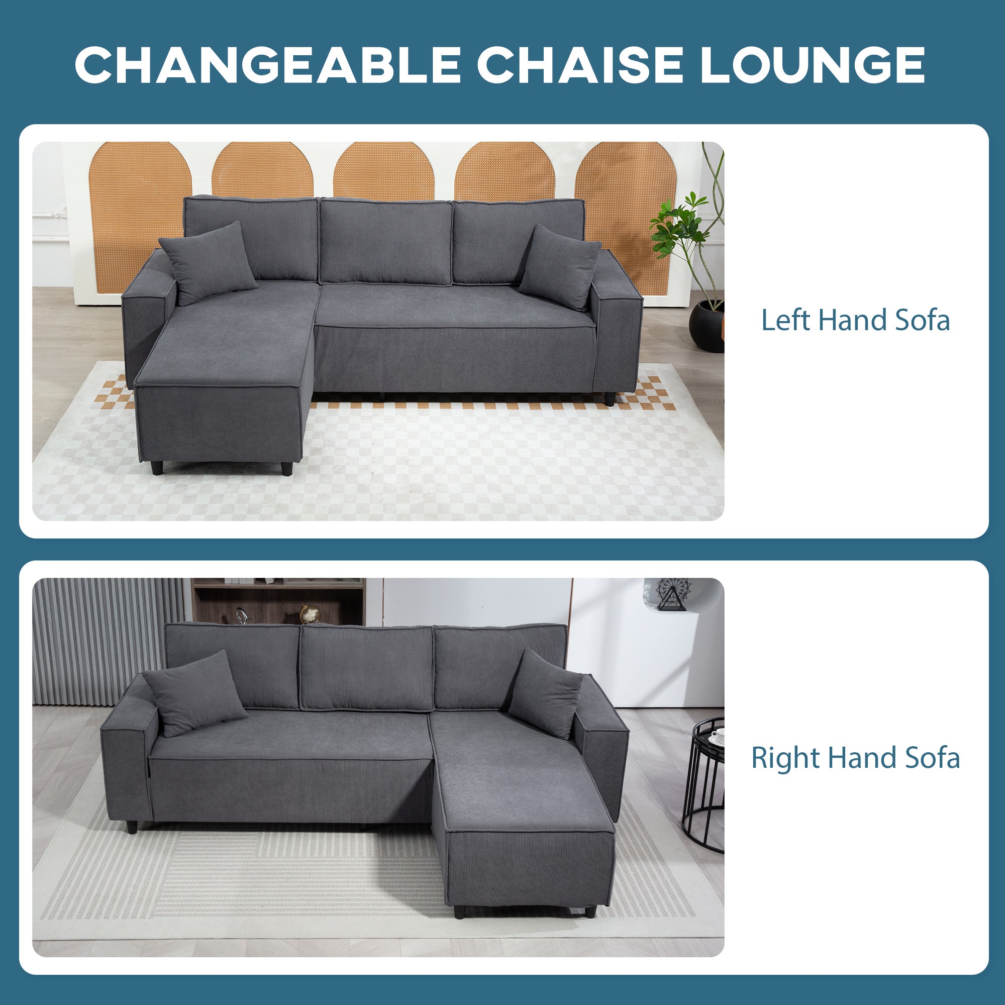 Corner Sofa L-Shaped Chaise, Corduroy Sectional, Charcoal Grey, 2 Pillows-DECOROLALA