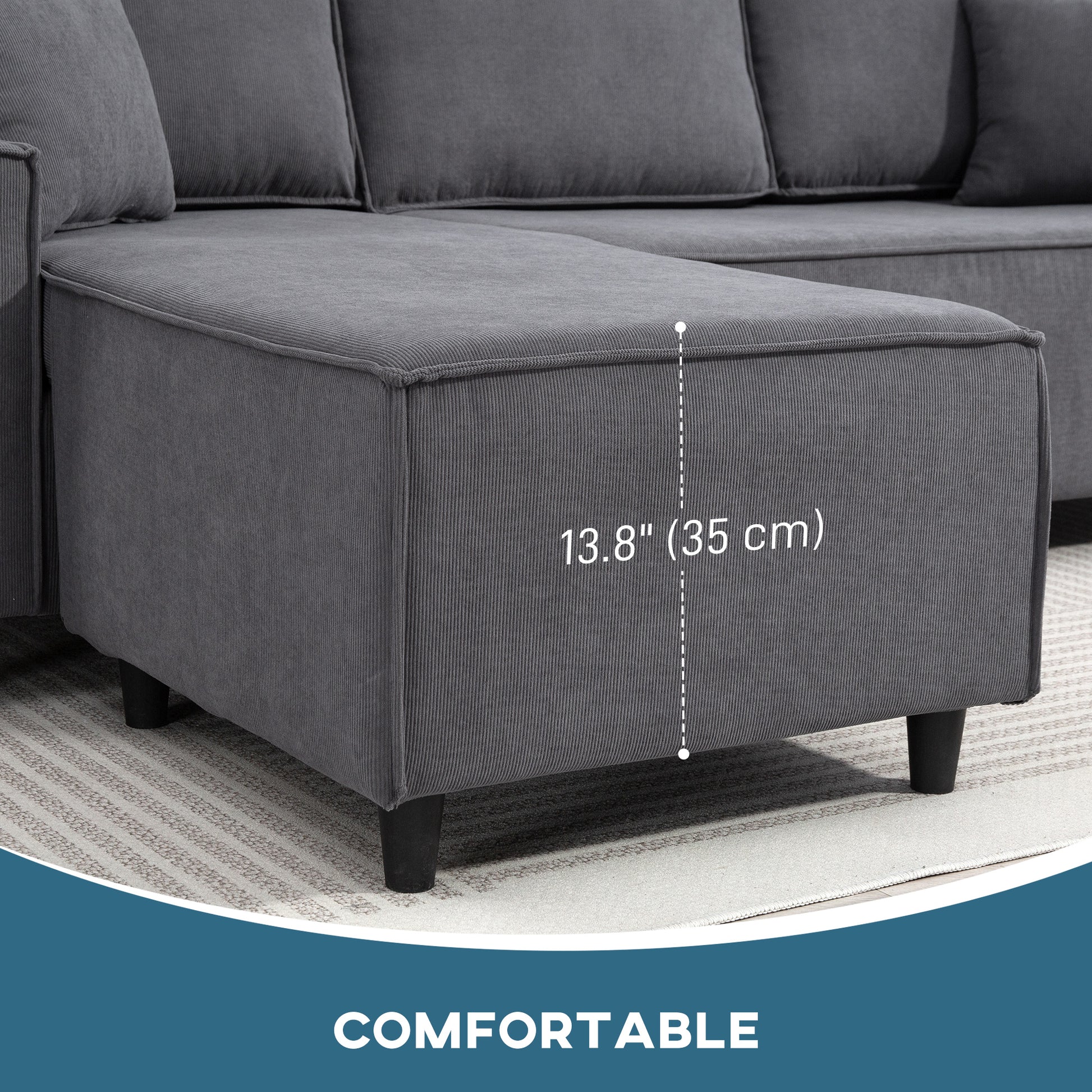 Corner Sofa L-Shaped Chaise, Corduroy Sectional, Charcoal Grey, 2 Pillows-DECOROLALA