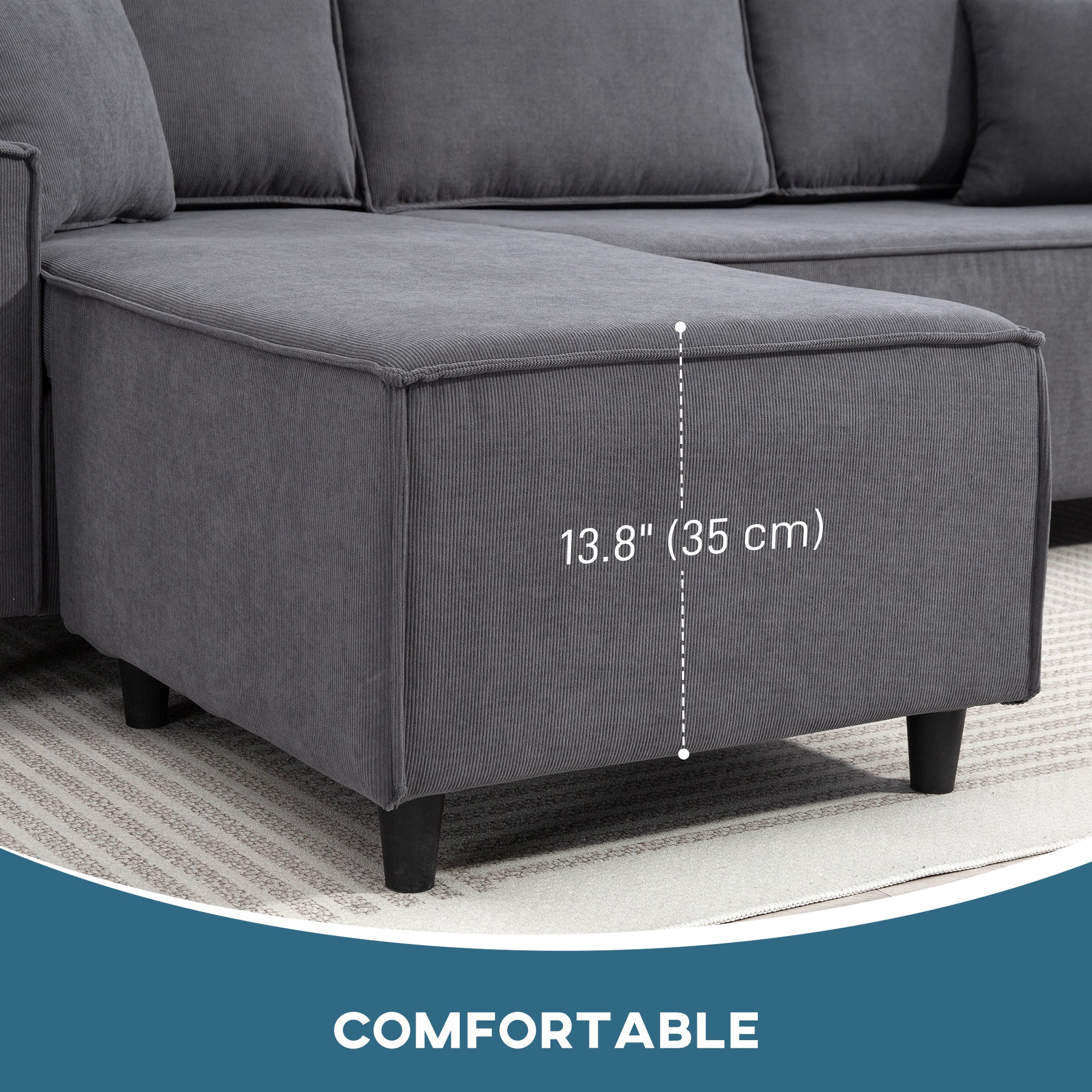 Corner Sofa L-Shaped Chaise, Corduroy Sectional, Charcoal Grey, 2 Pillows-DECOROLALA