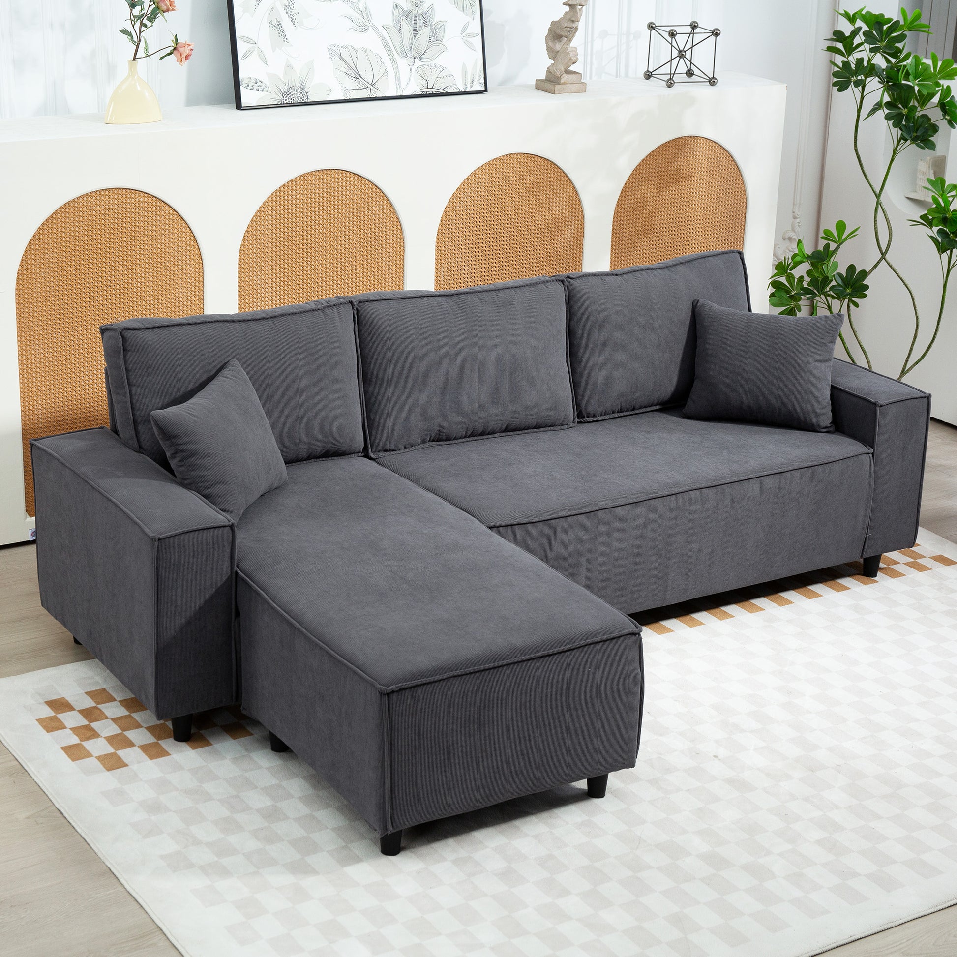 Corner Sofa L-Shaped Chaise, Corduroy Sectional, Charcoal Grey, 2 Pillows-DECOROLALA