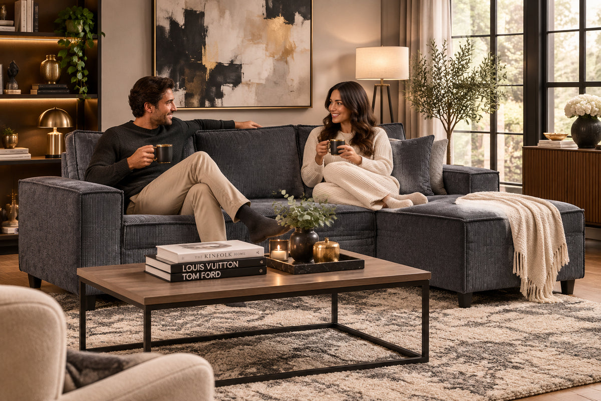 Corner Sofa L-Shaped Chaise, Corduroy Sectional, Charcoal Grey, 2 Pillows-Sectional Sofas-DECOROLALA