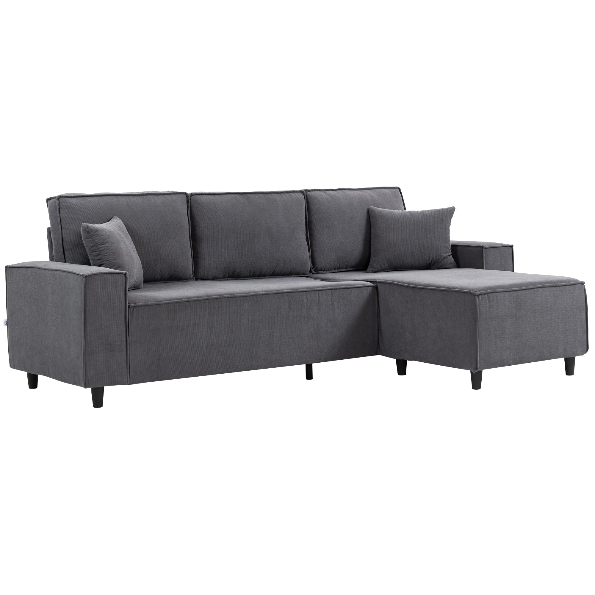 Corner Sofa L-Shaped Chaise, Corduroy Sectional, Charcoal Grey, 2 Pillows-DECOROLALA