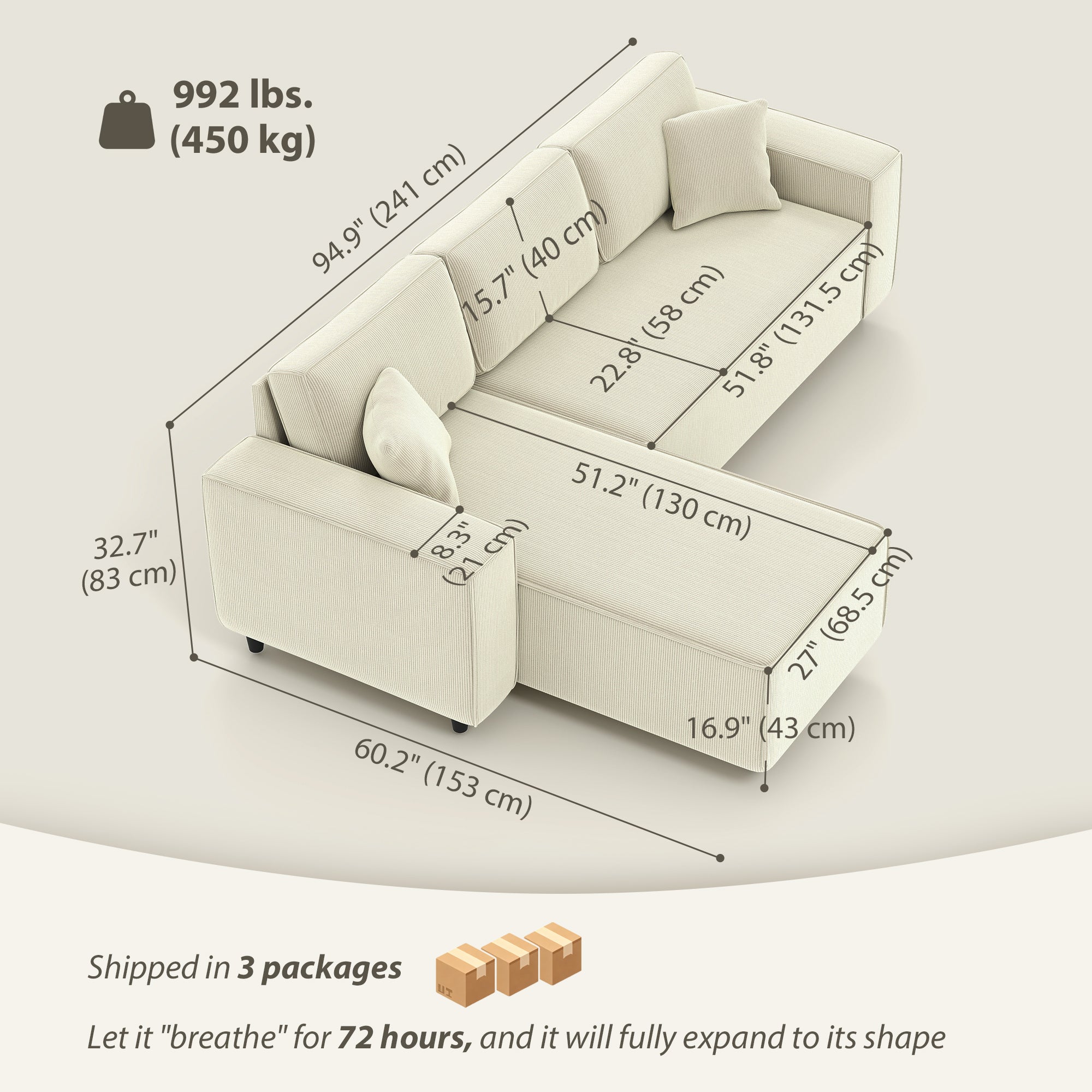 Corner Sofa L-Shaped Corduroy Cream White-DECOROLALA