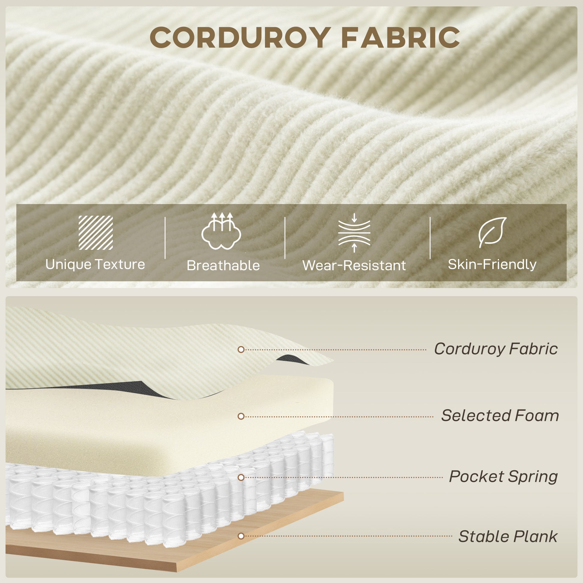 Corner Sofa L-Shaped Corduroy Cream White-DECOROLALA
