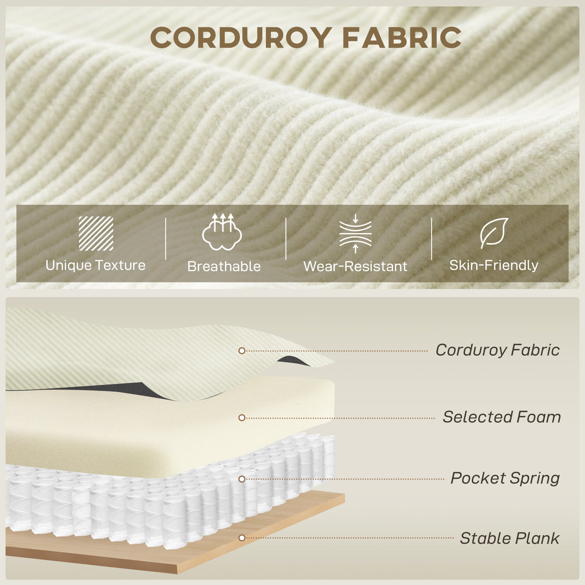 Corner Sofa L-Shaped Corduroy Cream White-DECOROLALA