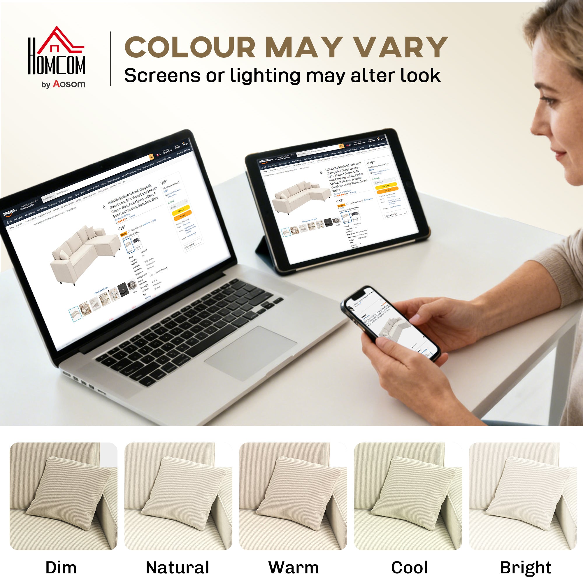 Corner Sofa L-Shaped Corduroy Cream White-DECOROLALA