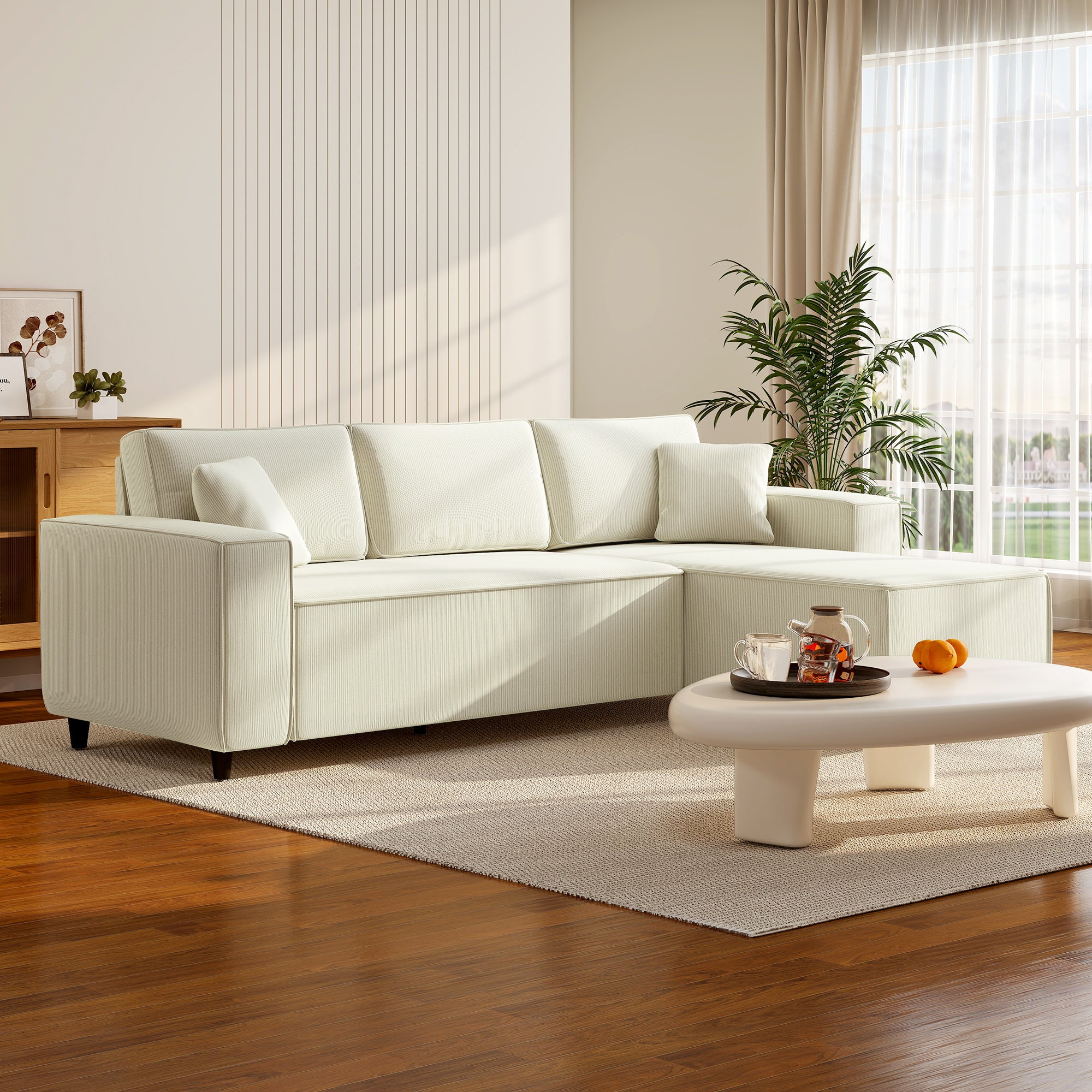 Corner Sofa L-Shaped Corduroy Cream White-DECOROLALA