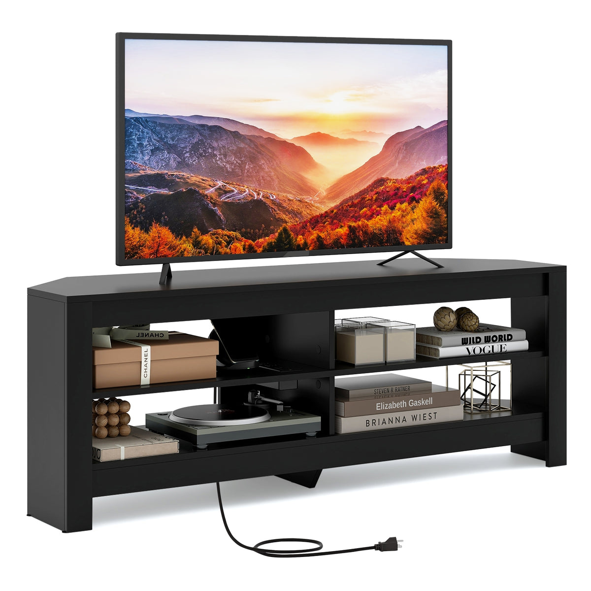 Corner TV Stand with Power Outlet and 4 Open Storage Shelves-Black-Entertainment Centers & TV Stands-DECOROLALA