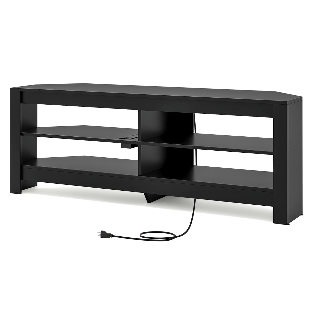Corner TV Stand with Power Outlet and 4 Open Storage Shelves-Black-Entertainment Centers & TV Stands-DECOROLALA