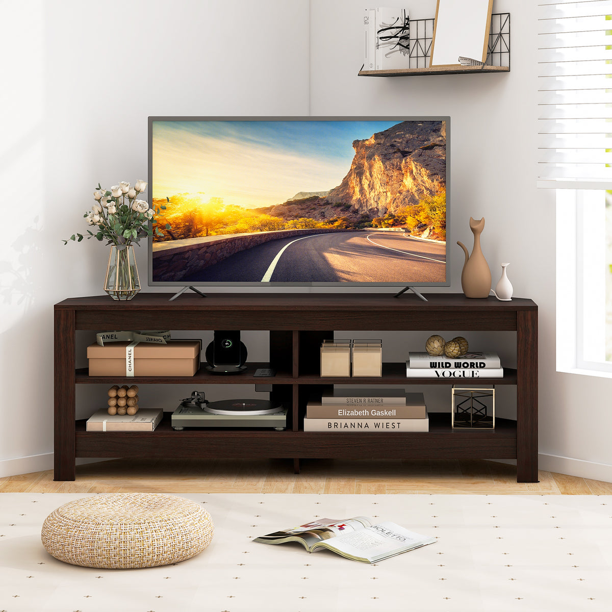 Corner TV Stand with Power Outlet and 4 Open Storage Shelves-Brown-Entertainment Centers & TV Stands-DECOROLALA