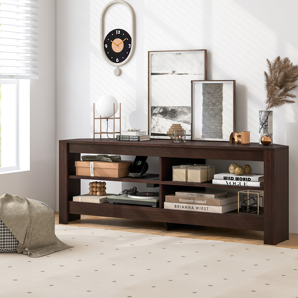 Corner TV Stand with Power Outlet and 4 Open Storage Shelves-Brown-Entertainment Centers & TV Stands-DECOROLALA