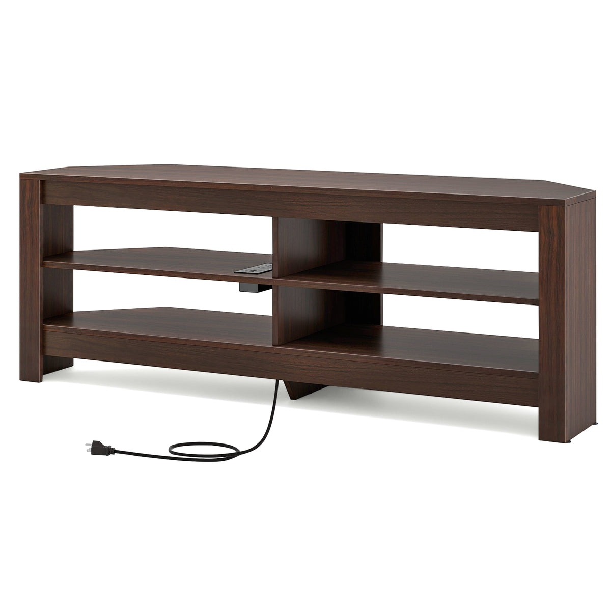 Corner TV Stand with Power Outlet and 4 Open Storage Shelves-Brown-Entertainment Centers & TV Stands-DECOROLALA