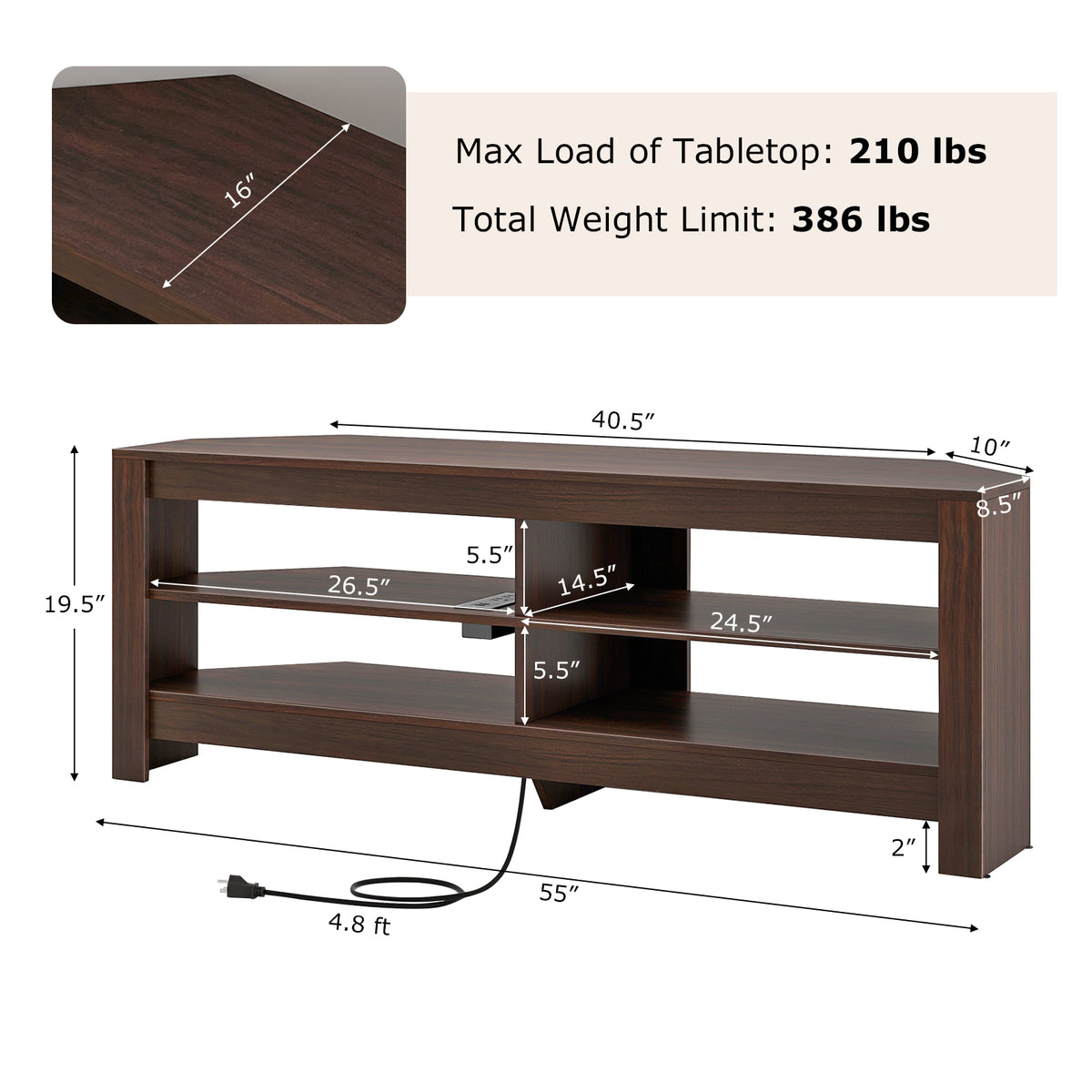 Corner TV Stand with Power Outlet and 4 Open Storage Shelves-Brown-Entertainment Centers & TV Stands-DECOROLALA