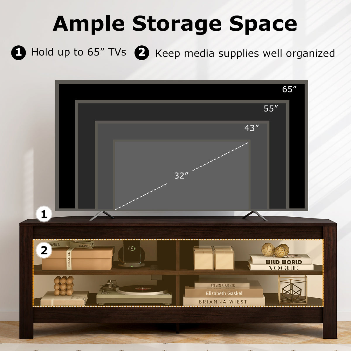 Corner TV Stand with Power Outlet and 4 Open Storage Shelves-Brown-Entertainment Centers & TV Stands-DECOROLALA