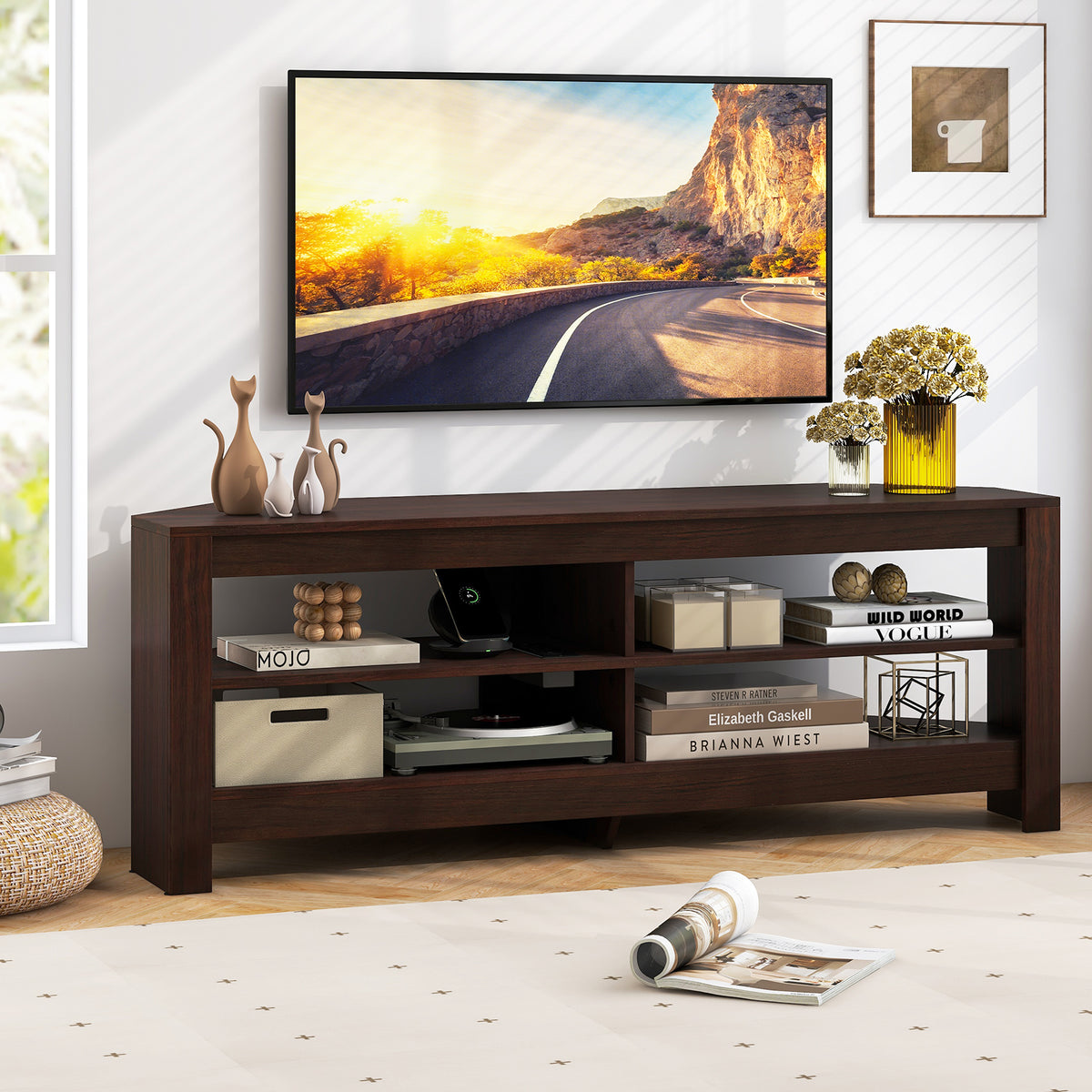 Corner TV Stand with Power Outlet and 4 Open Storage Shelves-Brown-Entertainment Centers & TV Stands-DECOROLALA