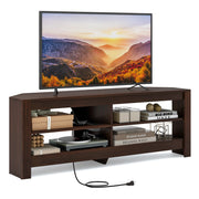 Corner TV Stand with Power Outlet and 4 Open Storage Shelves-Brown-Entertainment Centers & TV Stands-DECOROLALA