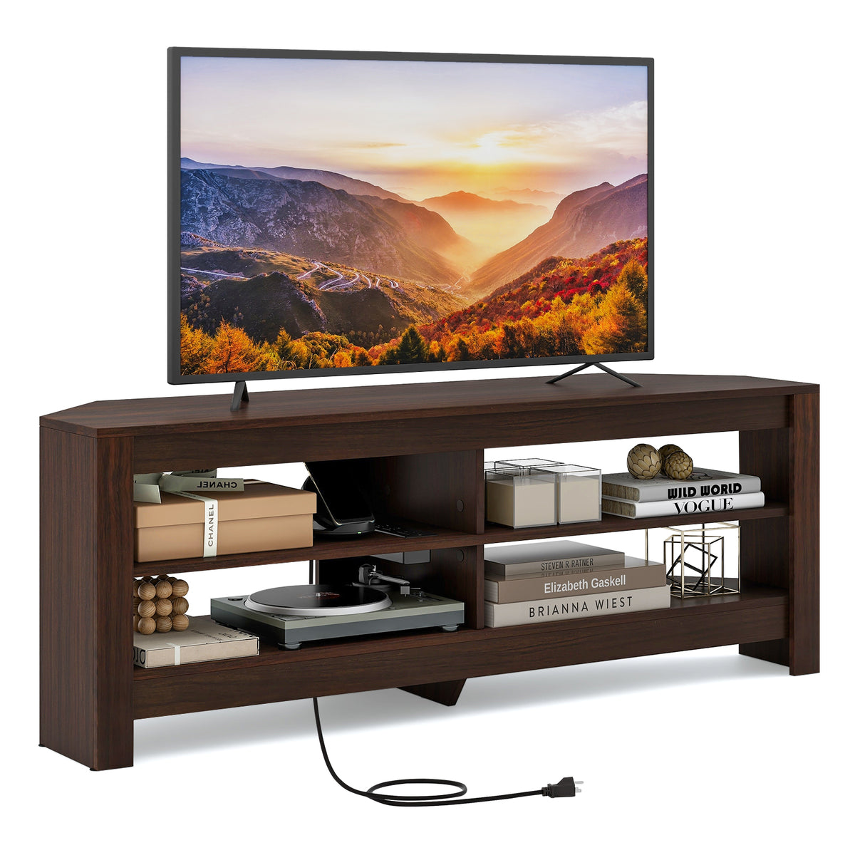 Corner TV Stand with Power Outlet and 4 Open Storage Shelves-Brown-Entertainment Centers & TV Stands-DECOROLALA