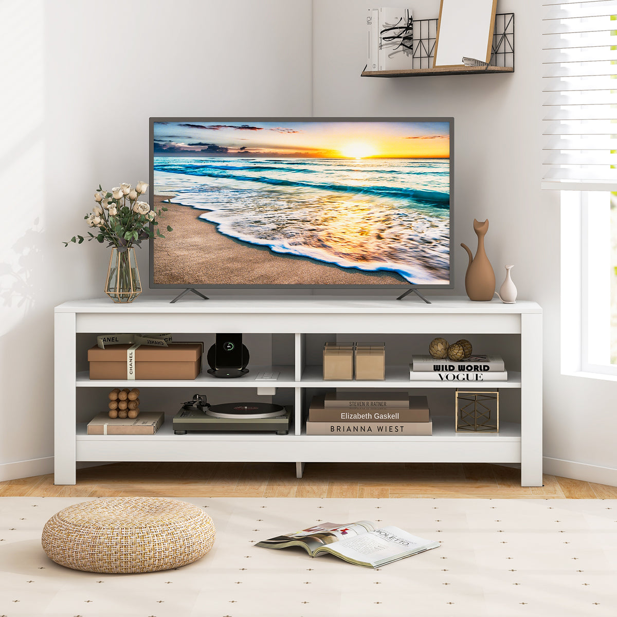 Corner TV Stand with Power Outlet and 4 Open Storage Shelves-White-Entertainment Centers & TV Stands-DECOROLALA