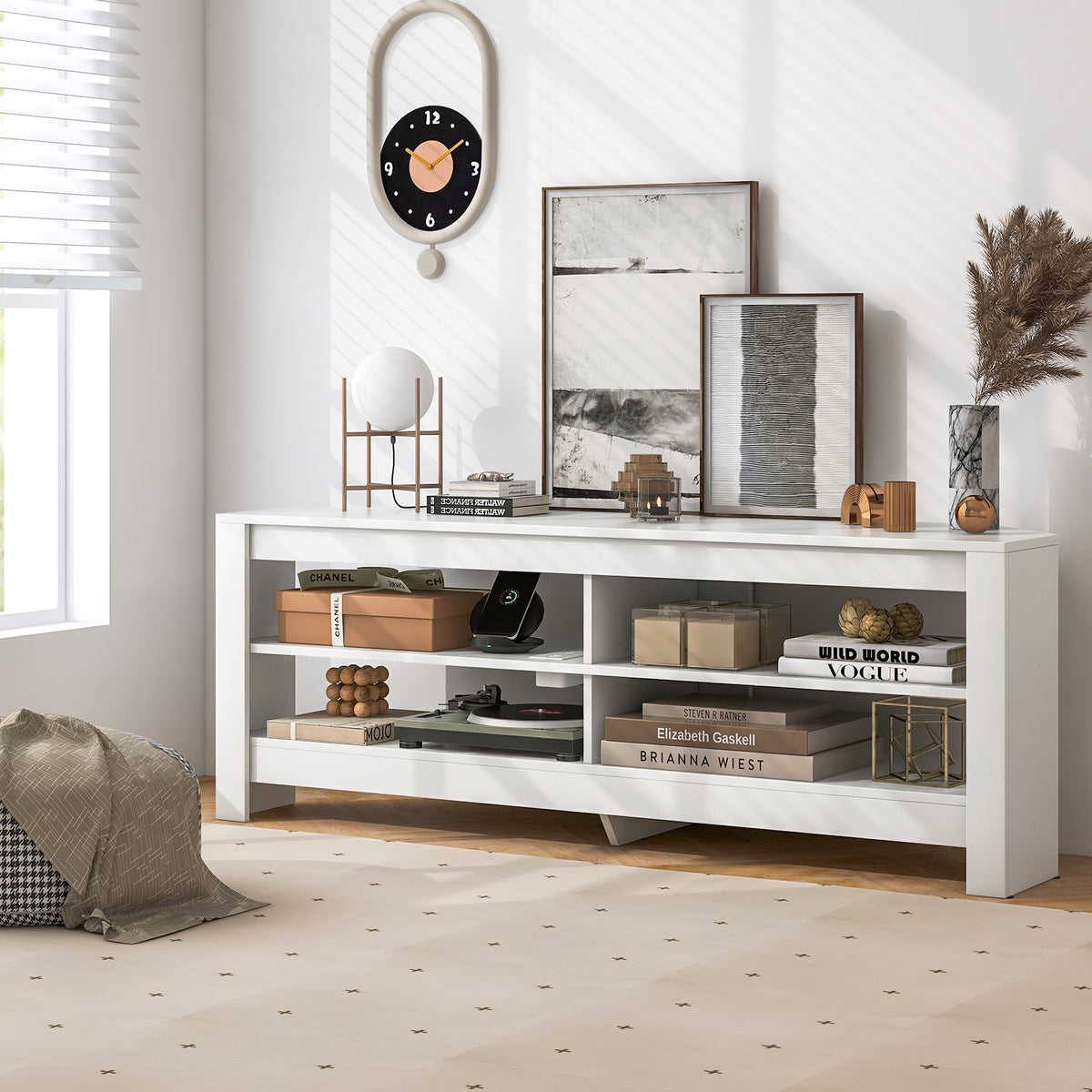 Corner TV Stand with Power Outlet and 4 Open Storage Shelves-White-Entertainment Centers & TV Stands-DECOROLALA