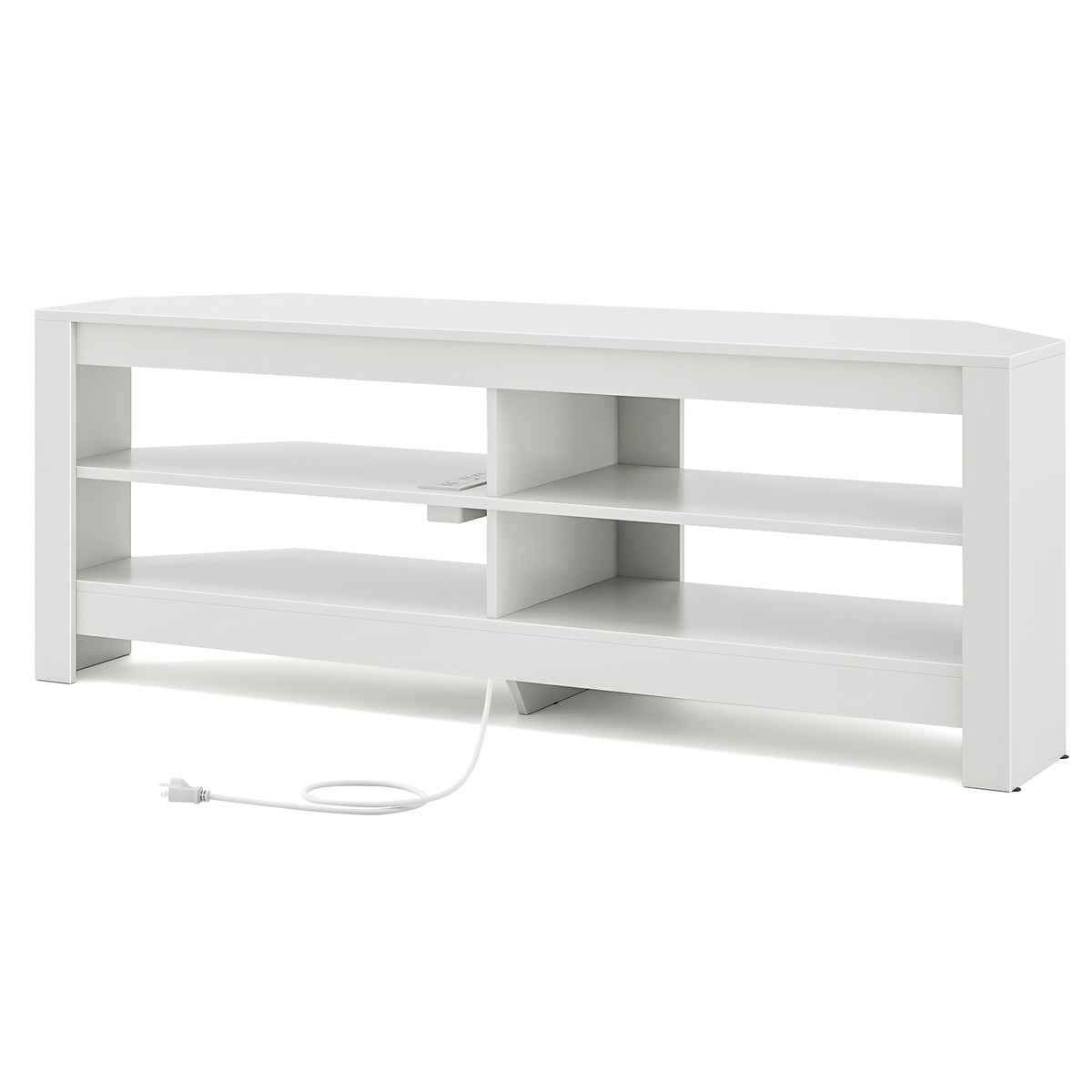 Corner TV Stand with Power Outlet and 4 Open Storage Shelves-White-Entertainment Centers & TV Stands-DECOROLALA