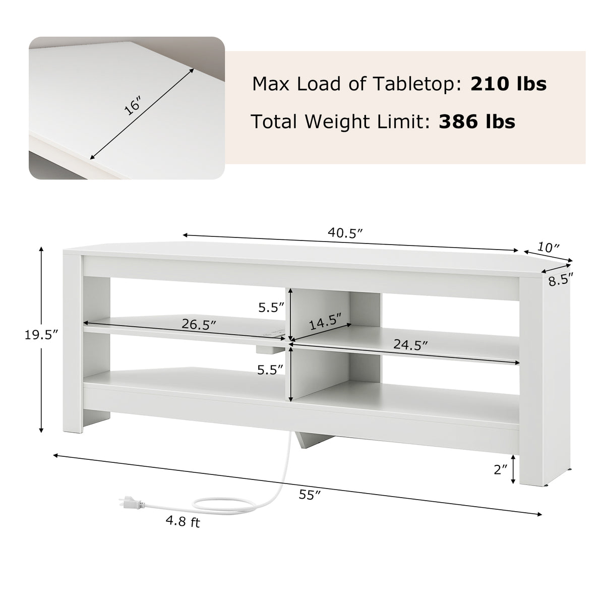 Corner TV Stand with Power Outlet and 4 Open Storage Shelves-White-Entertainment Centers & TV Stands-DECOROLALA