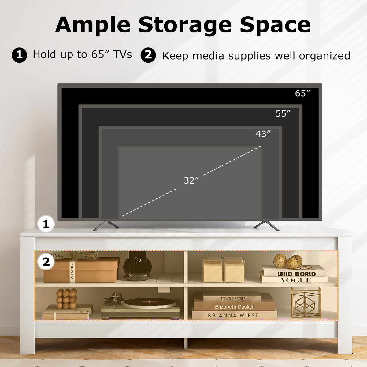Corner TV Stand with Power Outlet and 4 Open Storage Shelves-White-Entertainment Centers & TV Stands-DECOROLALA