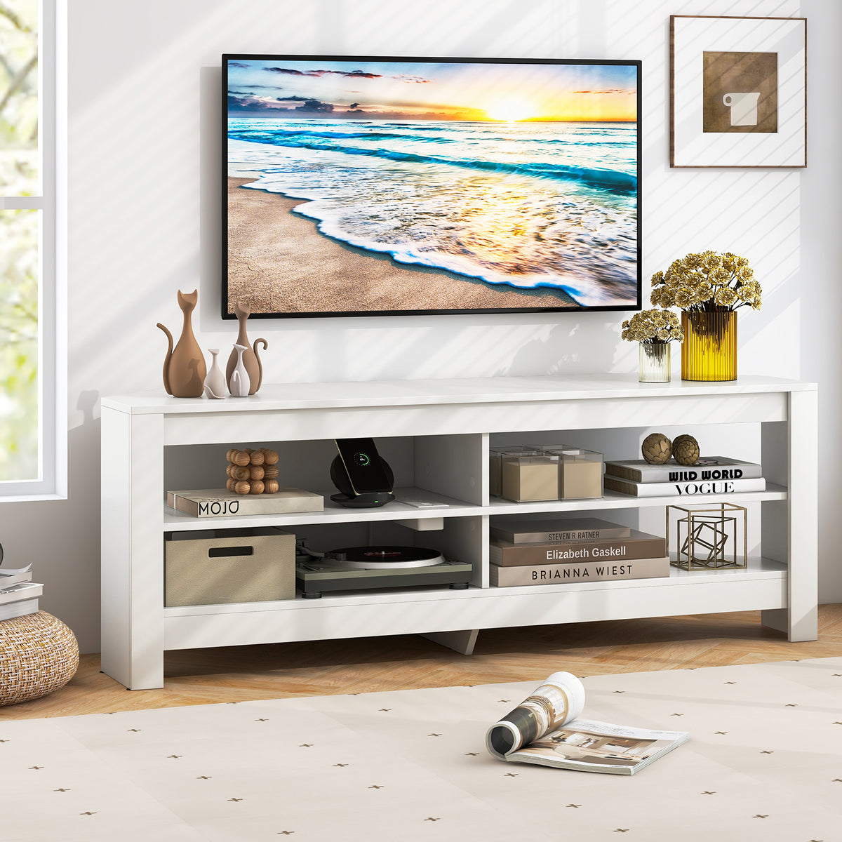 Corner TV Stand with Power Outlet and 4 Open Storage Shelves-White-Entertainment Centers & TV Stands-DECOROLALA