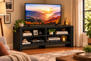 Corner TV Stand with Power Outlet and 4 Shelves - Black Engineered Wood-Entertainment Centers & TV Stands-DECOROLALA