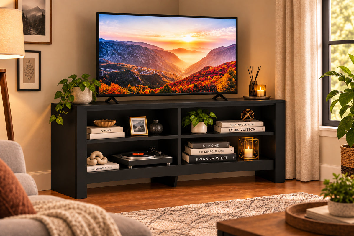 Corner TV Stand with Power Outlet and 4 Shelves - Black Engineered Wood-Entertainment Centers & TV Stands-DECOROLALA