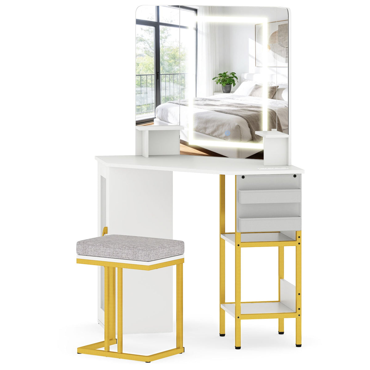 Corner Vanity Desk with Mirror and Lights Makeup Dressing Table with Triple Mirror-White-Makeup Vanities-DECOROLALA