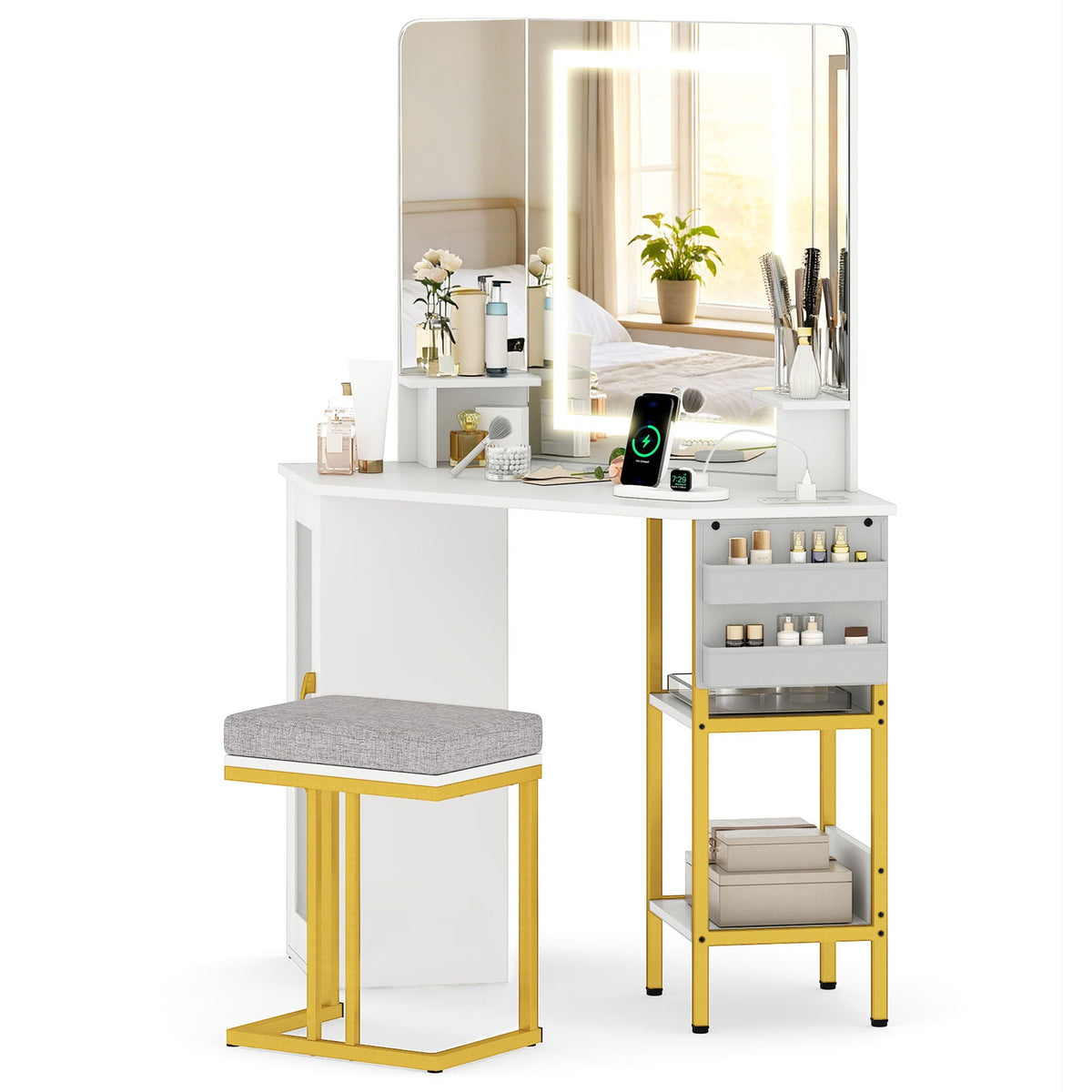 Corner Vanity Desk with Mirror and Lights Makeup Dressing Table with Triple Mirror-White-Makeup Vanities-DECOROLALA