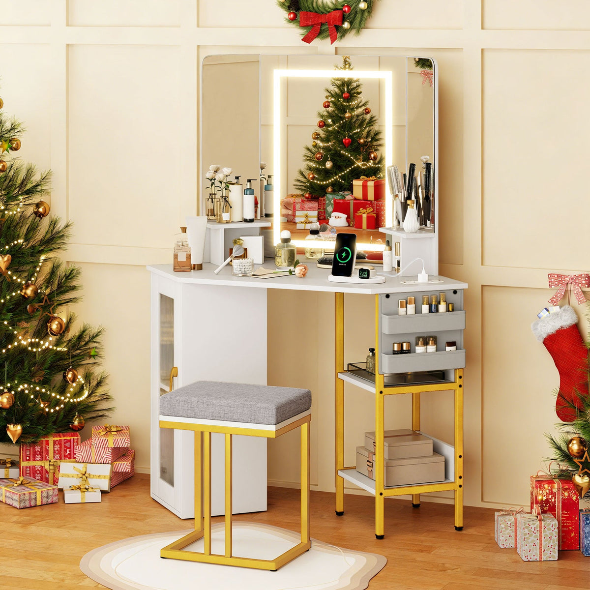 Corner Vanity Desk with Mirror and Lights Makeup Dressing Table with Triple Mirror-White-Makeup Vanities-DECOROLALA