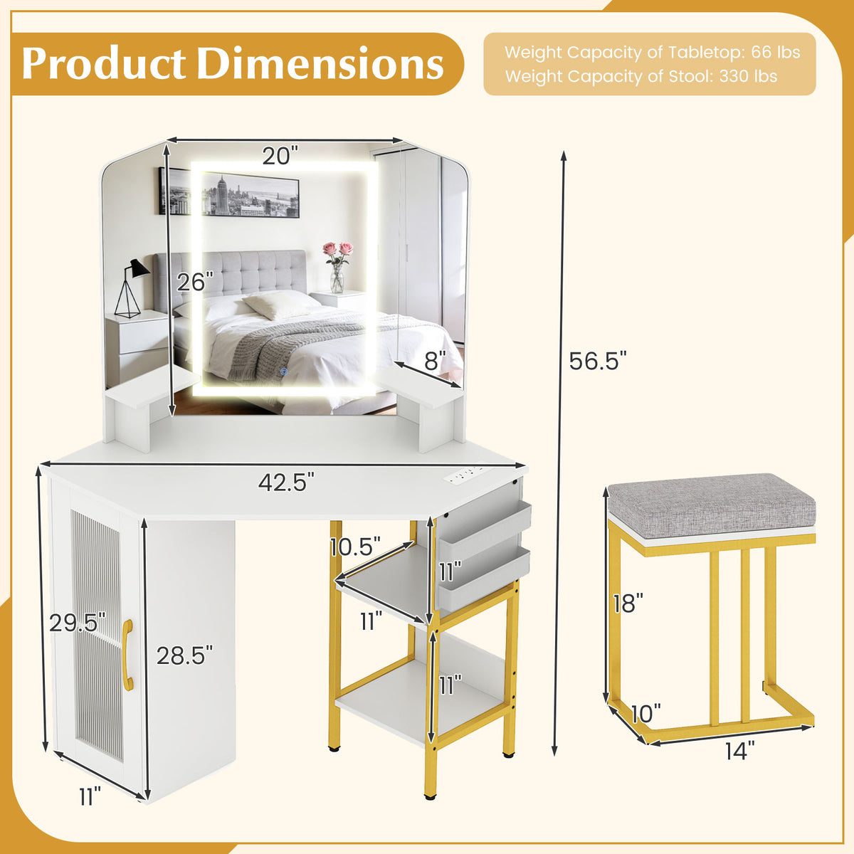 Corner Vanity Desk with Mirror and Lights Makeup Dressing Table with Triple Mirror-White-Makeup Vanities-DECOROLALA