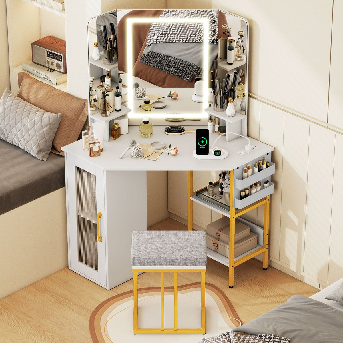 Corner Vanity Desk with Mirror and Lights Makeup Dressing Table with Triple Mirror-White-Makeup Vanities-DECOROLALA