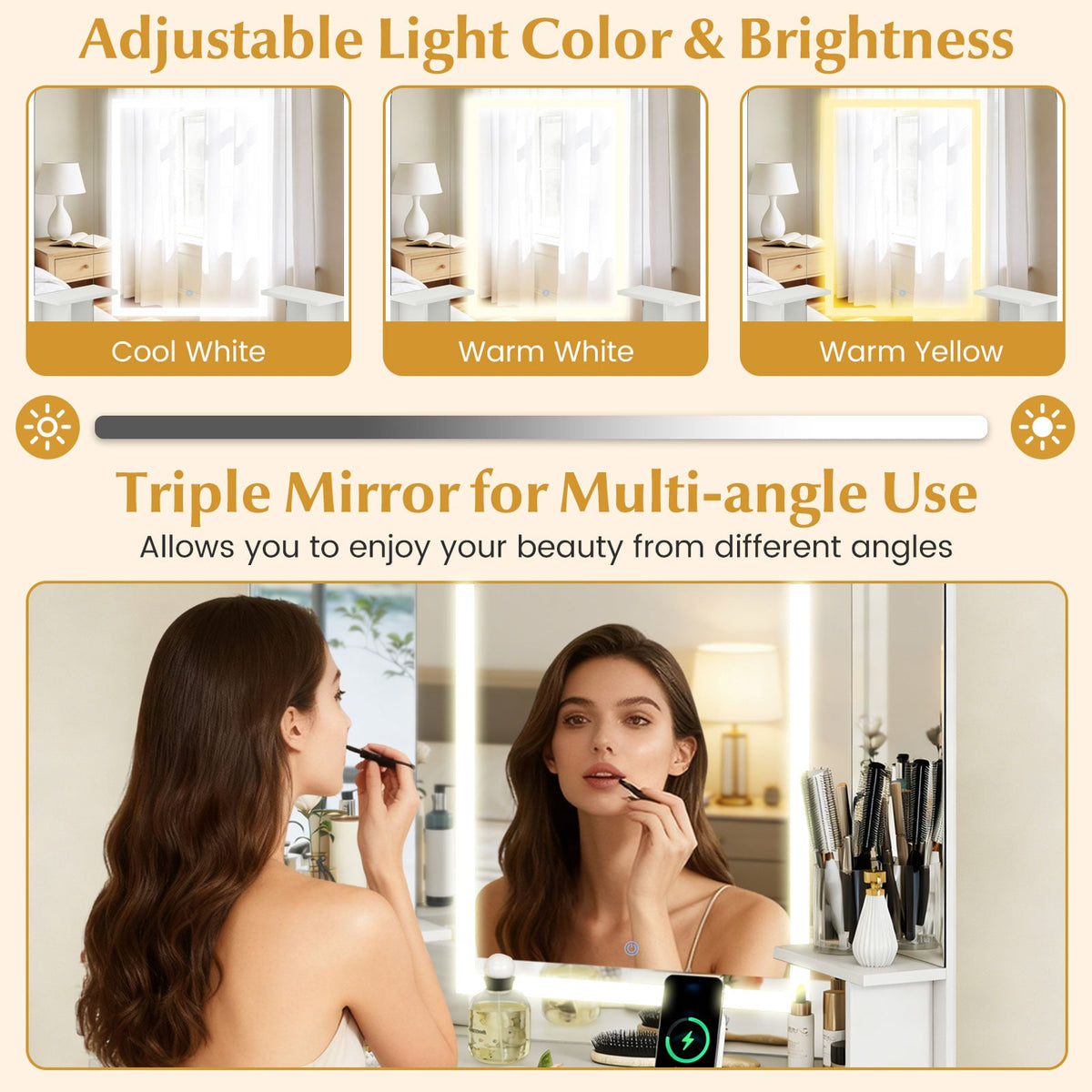 Corner Vanity Desk with Mirror and Lights Makeup Dressing Table with Triple Mirror-White-Makeup Vanities-DECOROLALA