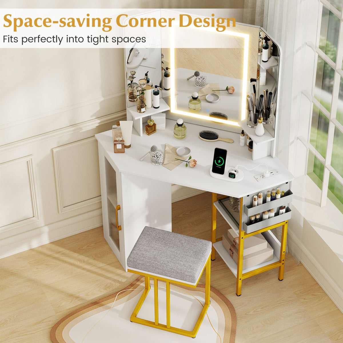 Corner Vanity Desk with Mirror and Lights Makeup Dressing Table with Triple Mirror-White-Makeup Vanities-DECOROLALA