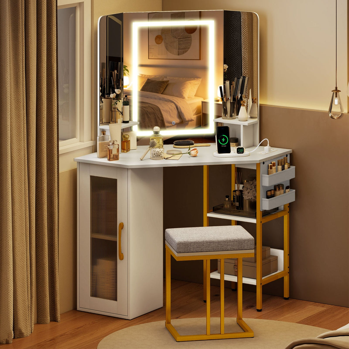 Corner Vanity Desk with Mirror and Lights Makeup Dressing Table with Triple Mirror-White-Makeup Vanities-DECOROLALA