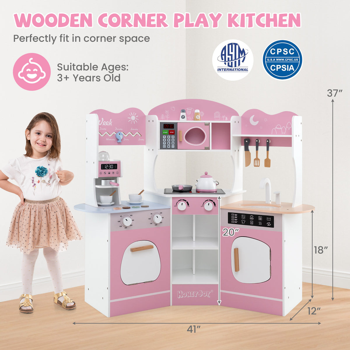 Corner Wooden Play Kitchen with Coffee Machine and Slide for Kids