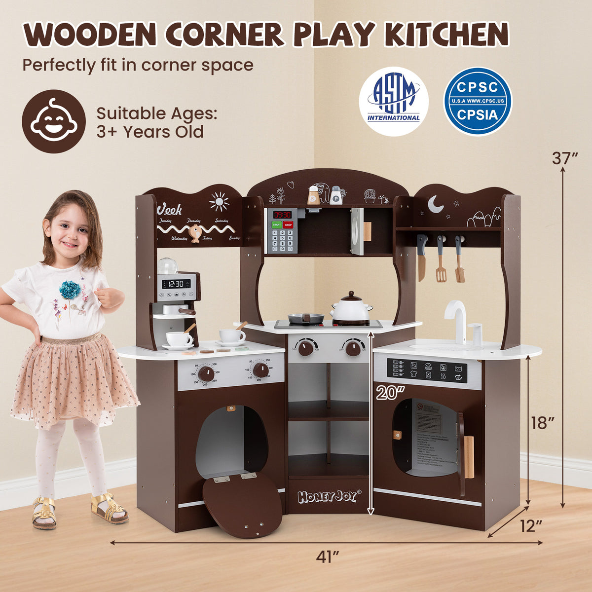 Corner Wooden Play Kitchen with Coffee Machine and Slide for Kids
