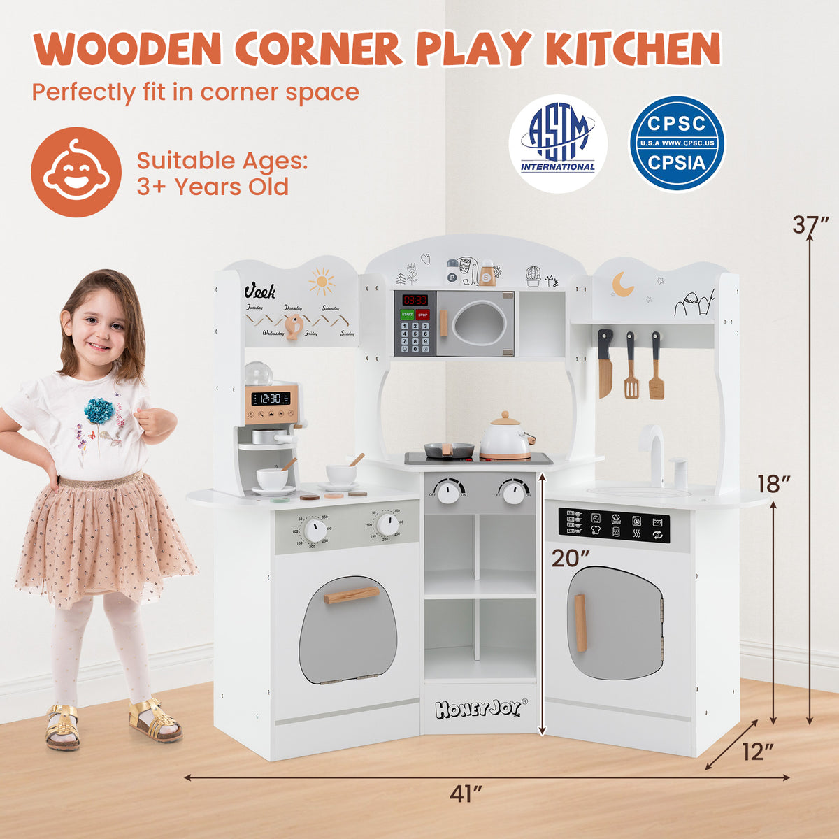 Corner Wooden Play Kitchen with Coffee Machine and Slide for Kids