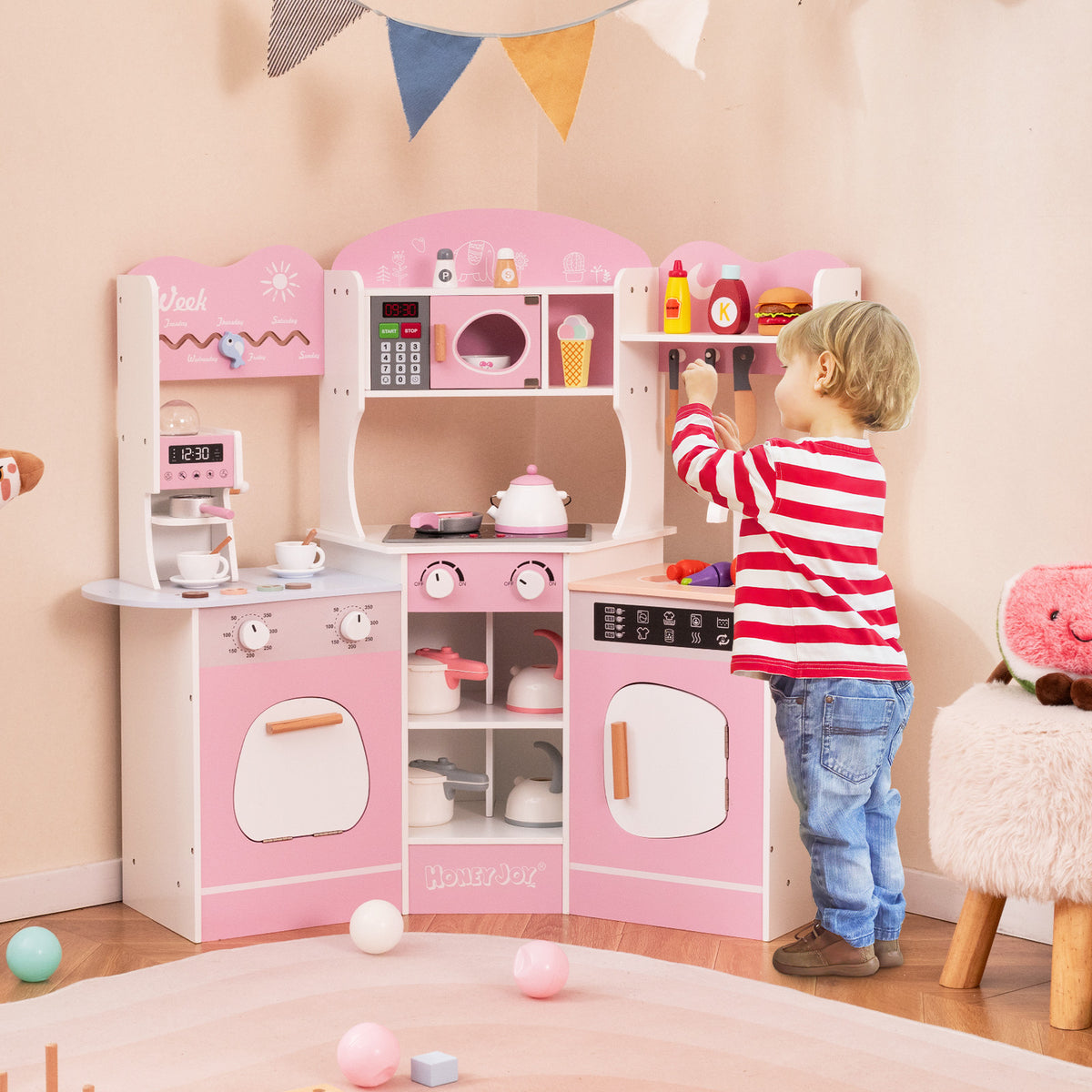 Corner Wooden Play Kitchen with Coffee Machine and Slide for Kids