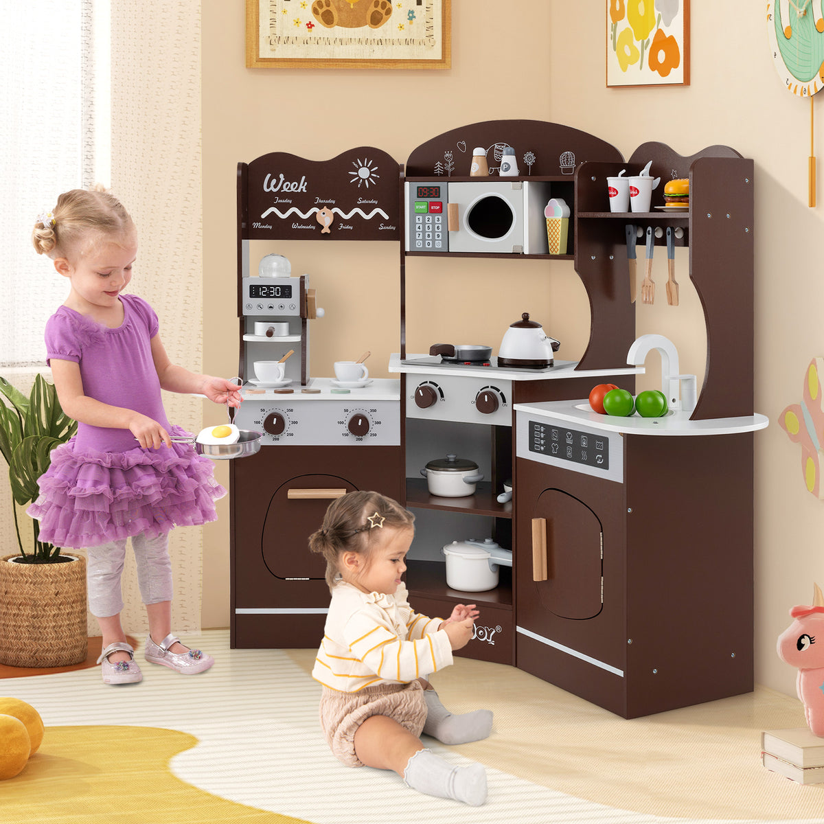 Corner Wooden Play Kitchen with Coffee Machine and Slide for Kids