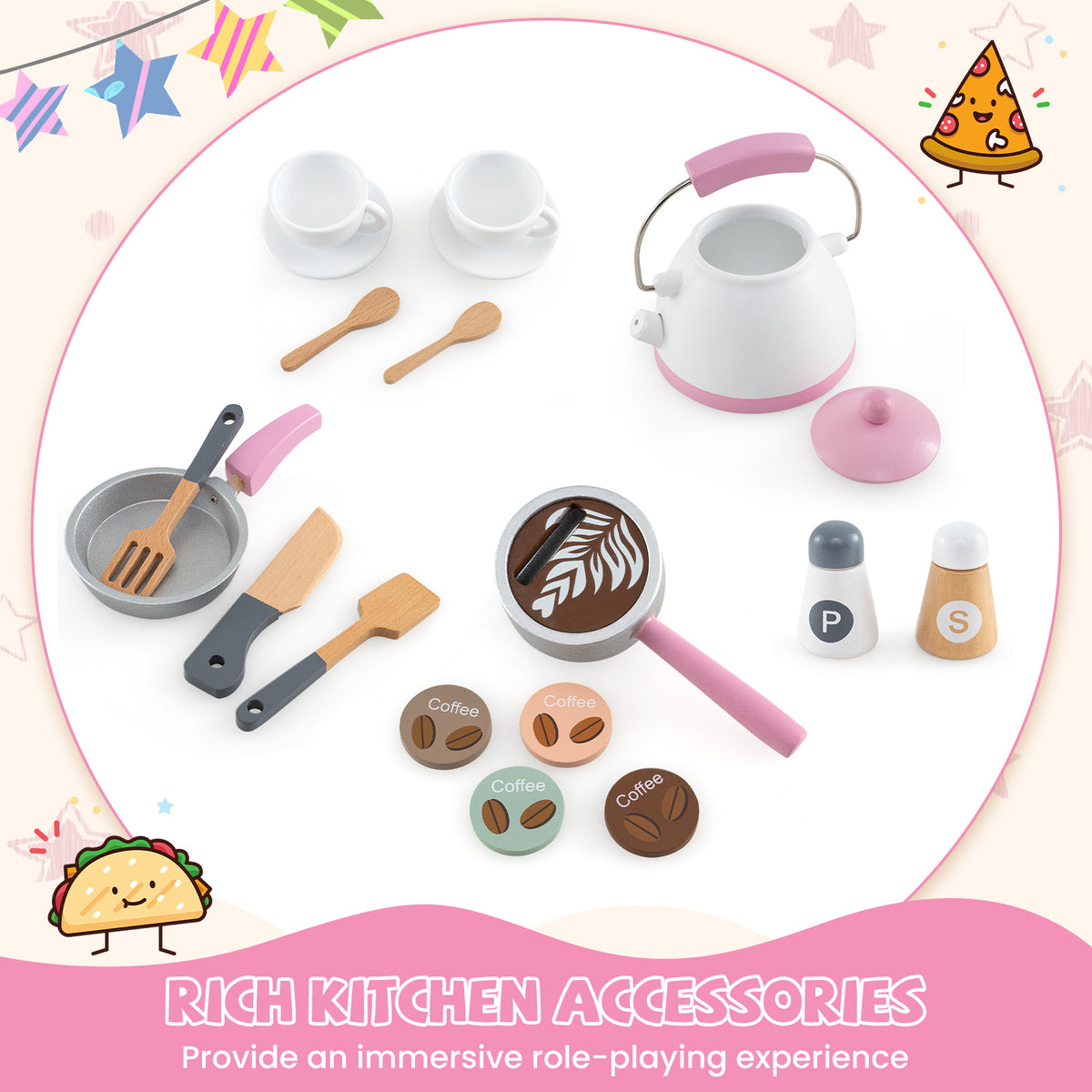 Corner Wooden Play Kitchen with Coffee Machine and Slide for Kids