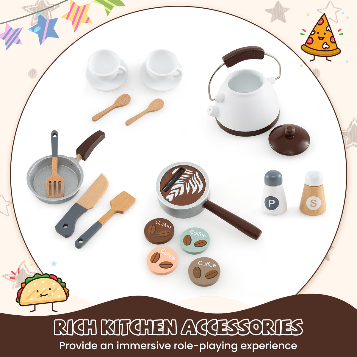 Corner Wooden Play Kitchen with Coffee Machine and Slide for Kids