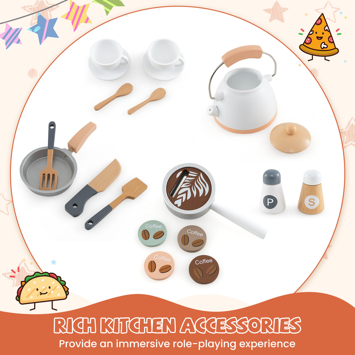 Corner Wooden Play Kitchen with Coffee Machine and Slide for Kids