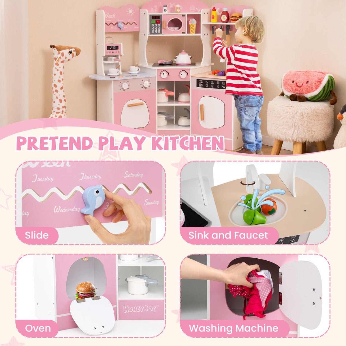 Corner Wooden Play Kitchen with Coffee Machine and Slide for Kids