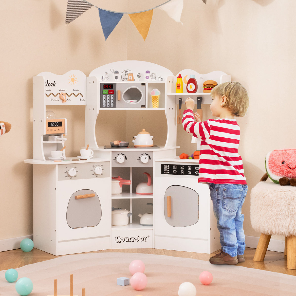 Corner Wooden Play Kitchen with Coffee Machine and Slide for Kids